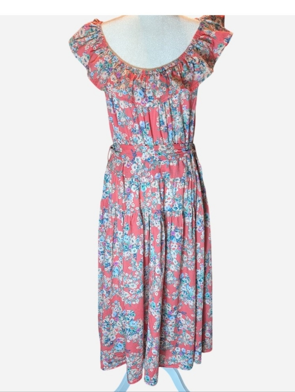 Pre-owned Chic Floral Ruffle Midi Dress